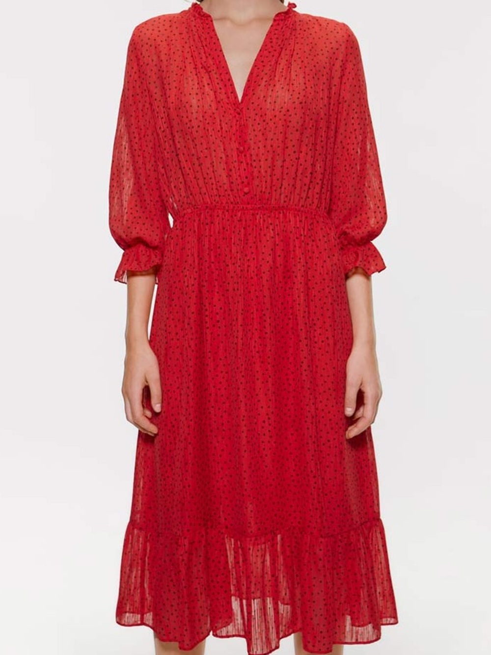 Zara Red Black Polka Dot Spot Chiffon Tiered Midi Dress